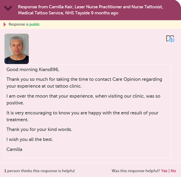 Camilla from NHS Tayside showing her profile picture in a response.