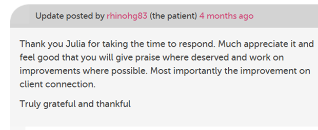 A screenshot of an author response on careopinion.ca A screenshot of an author response on careopinion.ca